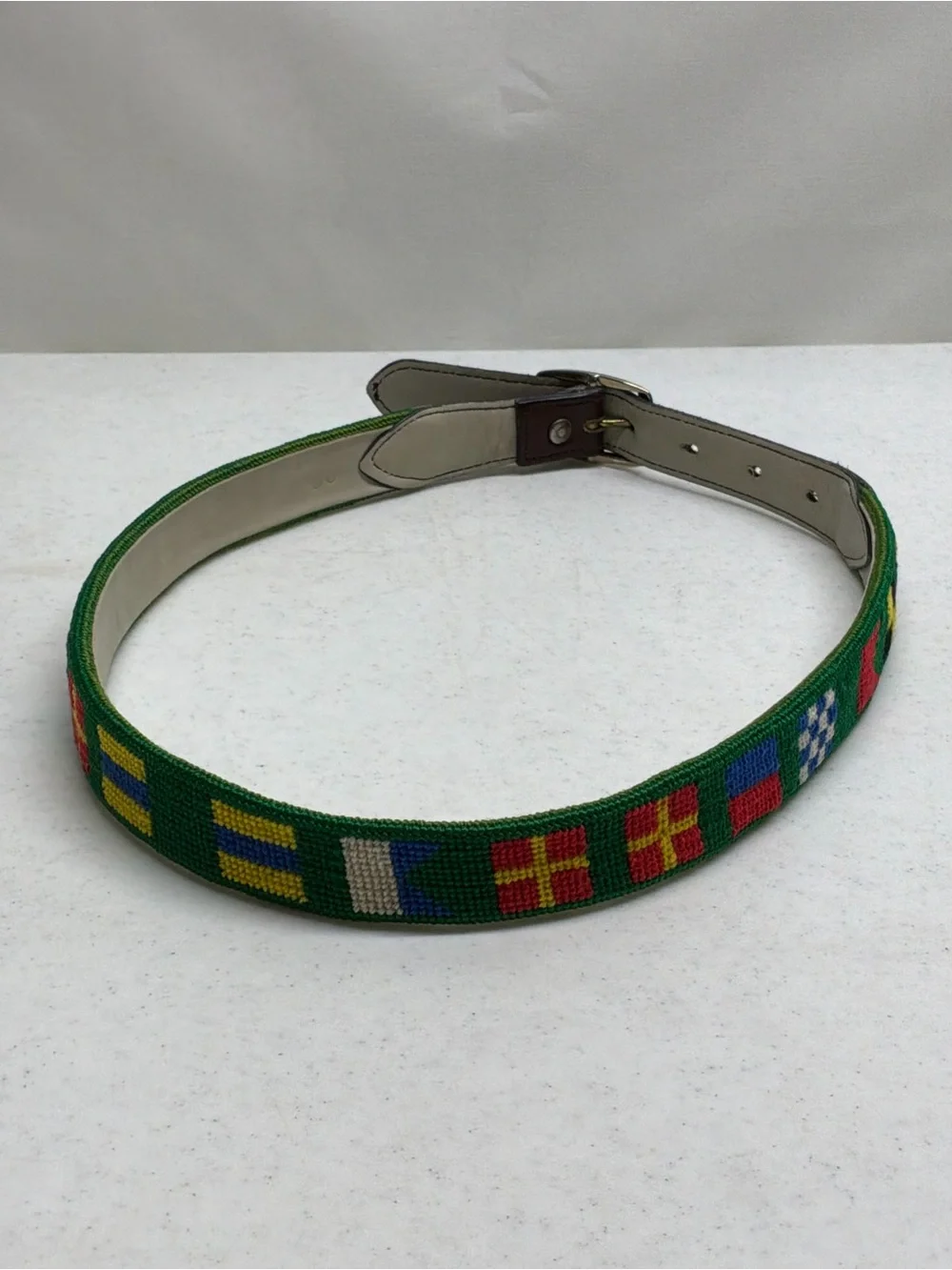 Needlepoint and Leather Nautical Flags Belt Size 30